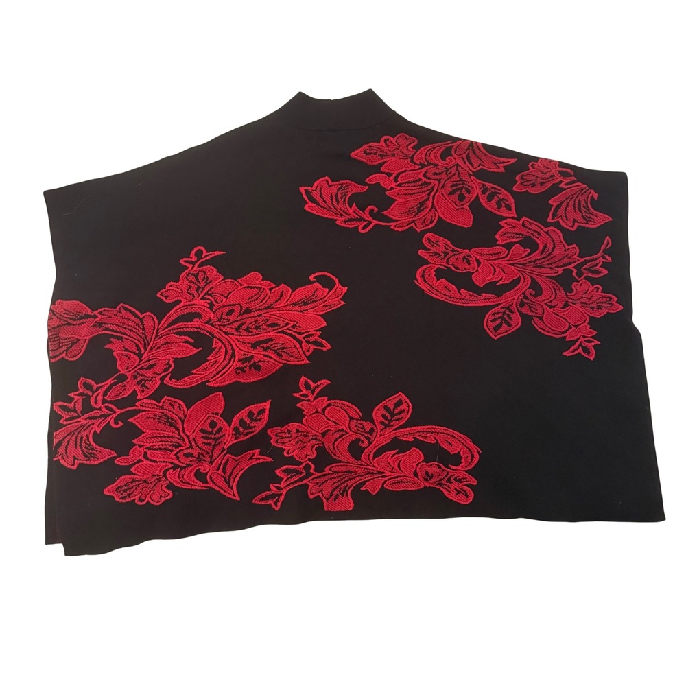 Chico's Black Red Floral Embroidered Mock Neck Knit Poncho Size S/M